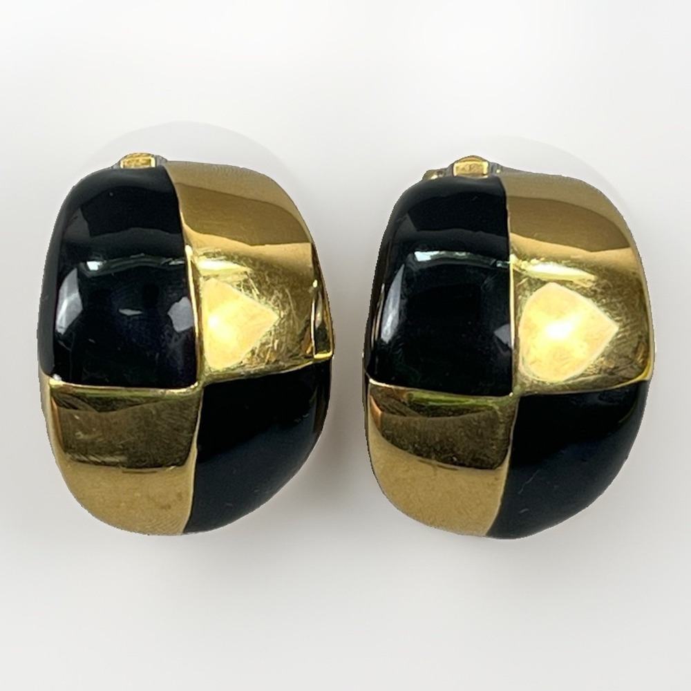 Vintage‎ St John Earrings Black Enamel Gold Tone Clip On Signed Retro